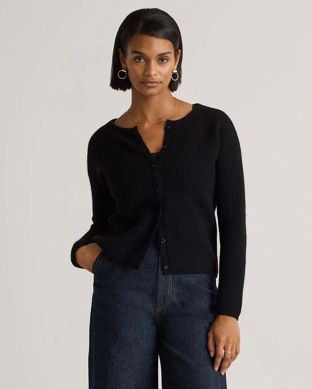 Quince Yak Wool Soft Ribbed Cropped Crew Neck Cardigan Sweater Black XS